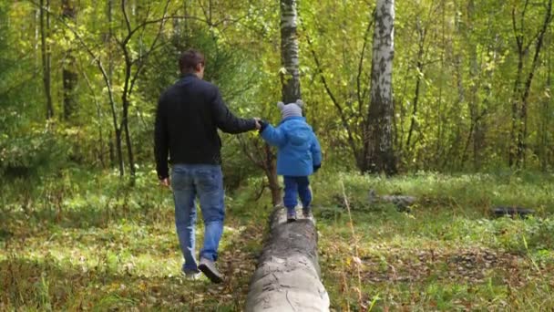 Hombre y niño caminando en el parque sobre un árbol caído — Vídeo de stock