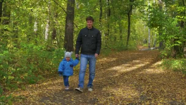 Mann und Kind spazieren im Park — Stockvideo