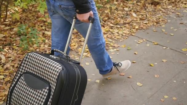 舗装の上を歩いてのスーツケースを持つ男 — ストック動画
