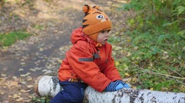 parkta düşmüş bir ağaç üzerinde sallanan bir çocuk