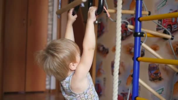 Un niño pequeño se dedica a los anillos de gimnasia en interiores — Vídeos de Stock