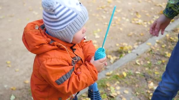 Щаслива маленька дитина дме мильні бульбашки в парку — стокове відео