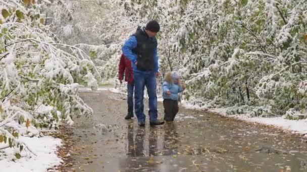 Семейная прогулка по заснеженной аллее в осеннем парке — стоковое видео