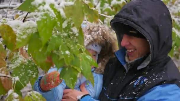 Facet i dziecko bawi się gałąź drzewa snowy — Wideo stockowe