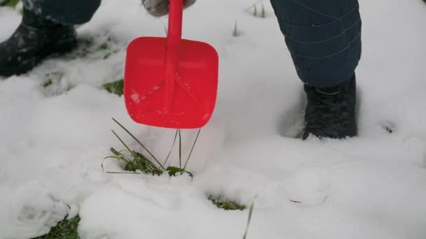 Child playing with snow shovel in the park — Stock Video