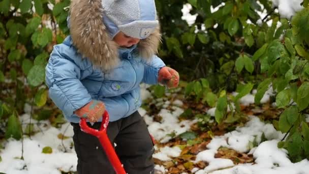 Niño jugando con la pala de nieve en el parque — Vídeos de Stock