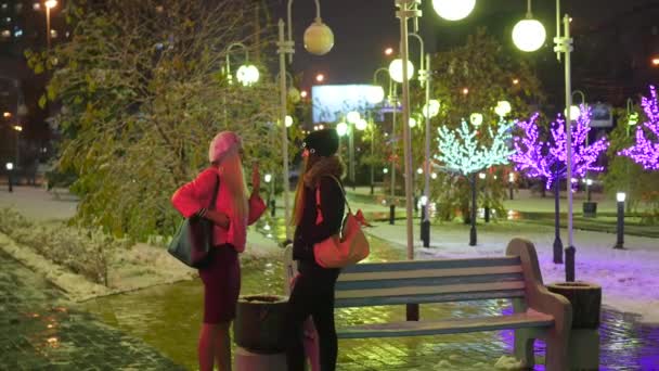 Twee meisjes roken sigaretten in de nacht-stad — Stockvideo