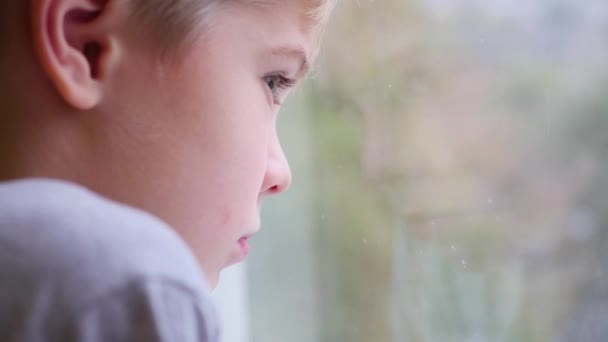 Een kind kijkt uit het raam op de sneeuwval closeup — Stockvideo