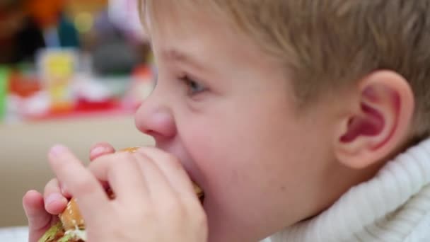 The kid eats a sandwich at a fast food restaurant closeup — ストック動画