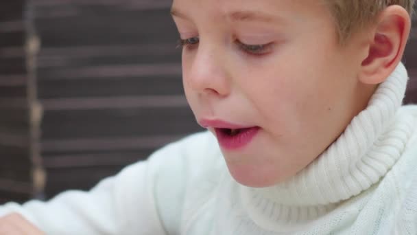 Il bambino mangia una patata fritta in un primo piano di un ristorante fast food — Video Stock