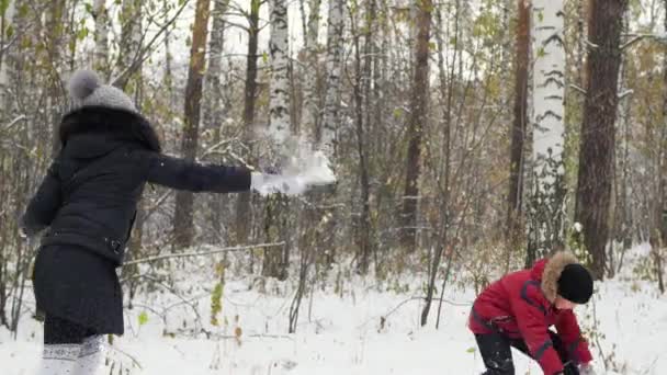 Familia jugando lanzando bolas de nieve en el parque de invierno — Vídeos de Stock