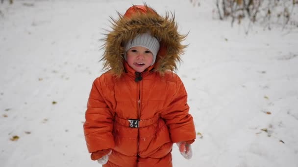A child walks on a snowy trail in the winter park — Stockvideo