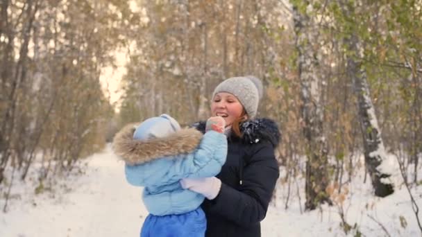 Mãe brincando com o bebê no inverno Park. Girando — Vídeo de Stock