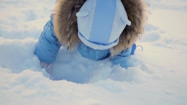 Un niño juega en la nieve — Vídeo de stock