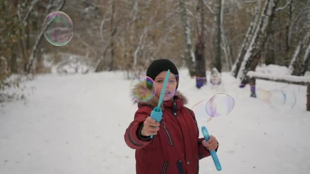 Pojken gör stora såpbubblor i parken med glädje — Stockvideo