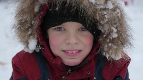 Красивый ребенок улыбается в зимнем парке. Его снег — стоковое видео