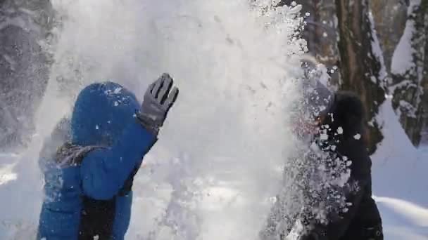 Menina e criança jogando neve sobre si mesmo e goza no parque de inverno — Vídeo de Stock