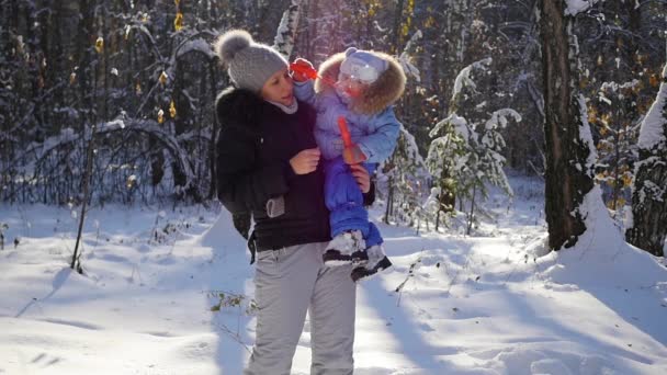La chica con el chico soplar burbujas de jabón en el parque de invierno — Vídeos de Stock