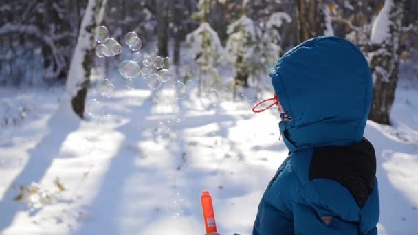 Garçon fait de grandes bulles de savon dans le parc avec plaisir par une journée ensoleillée — Video