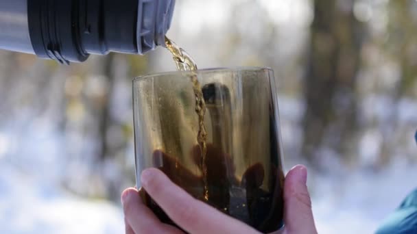 Chá derramado de uma garrafa térmica em uma caneca em um dia ensolarado gelado — Vídeo de Stock