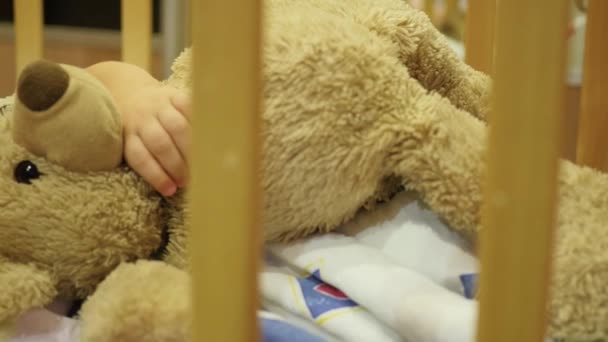 The sweet baby sleeps in a cot with a teddy bear — Stock Video