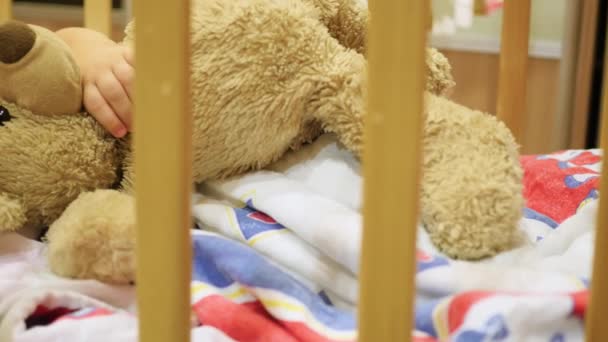 O bebê doce dorme em um berço com um urso de pelúcia — Vídeo de Stock