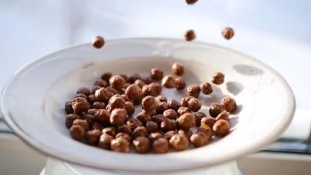 Bolas de milho com sabor de chocolate caindo lentamente em uma tigela. Movimento lento — Vídeo de Stock