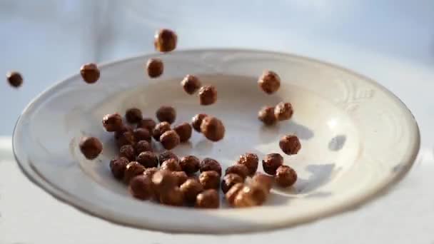 Bolas de milho com sabor de chocolate caindo lentamente em uma tigela. Movimento lento — Vídeo de Stock