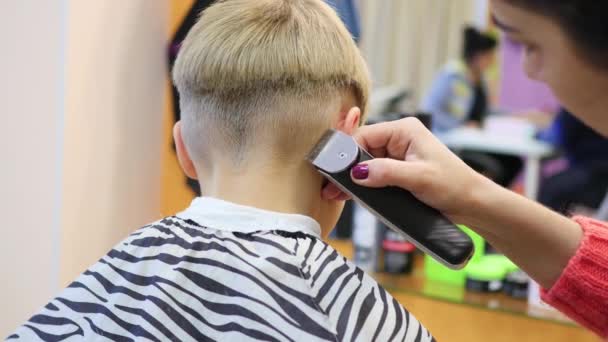 Taglio di capelli per bambini presso il negozio di barbiere — Video Stock