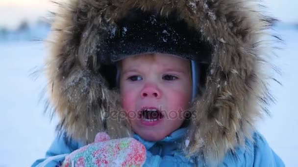 Het grappige kind probeert om te proeven van de sneeuw in wanten — Stockvideo