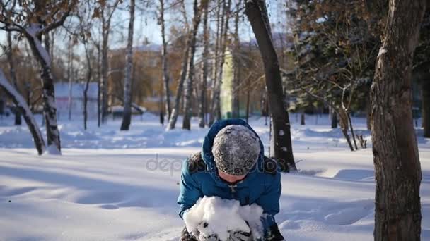 Ευτυχισμένο παιδί διασκεδάζοντας στο χειμερινό πάρκο μια ηλιόλουστη ημέρα. Ρίχνουν το χιόνι πάνω από τον εαυτό του σε slowmotion — Αρχείο Βίντεο