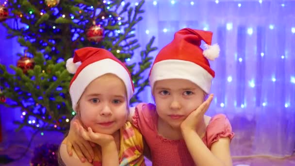 Twee leuke meisjes glimlachen en zwaaien naar de camera in een kerstmuts. In de achtergrond, de lichten en de slingers van Kerstmis spar — Stockvideo