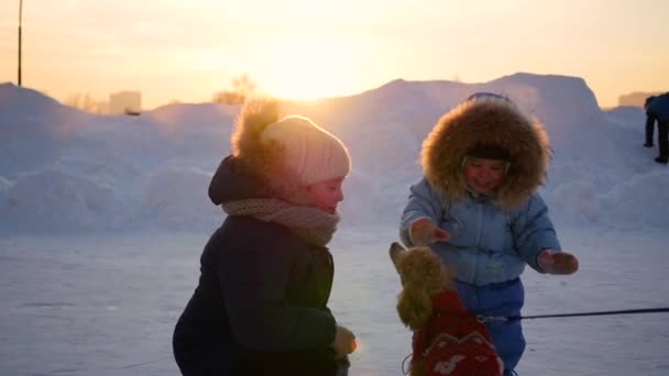 Niños jugando con un perro en invierno al atardecer — Vídeos de Stock