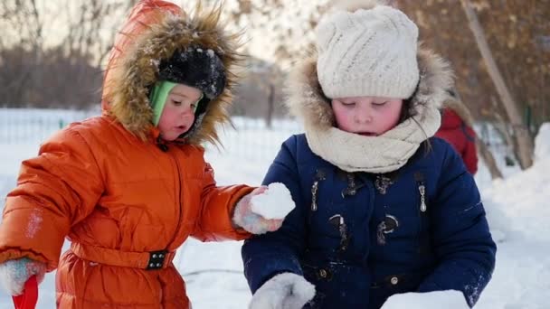 Kinderen spelen buiten in de winter. Het kind bouwt een muur van sneeuw stenen — Stockvideo