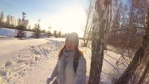 Lány séta a téli Park, egy napsütéses napon. Téli táj — Stock videók