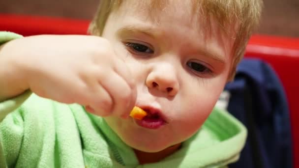 Ребенок ест жареный картофель в фаст-фуде крупным планом — стоковое видео