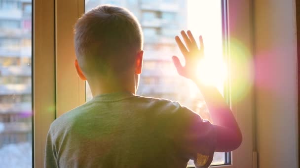 De man kijkt uit het raam in de zon. Speelt een hand met zonlicht — Stockvideo