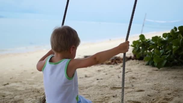 El niño feliz balanceándose en un columpio en la playa — Vídeo de stock