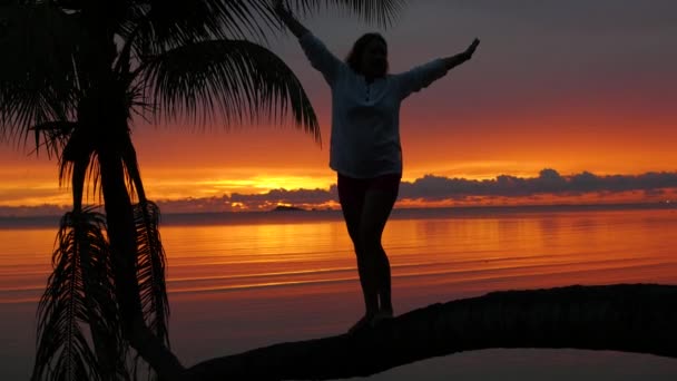 女の子が海岸で夕日の背景にヤシの木の上に立って — ストック動画