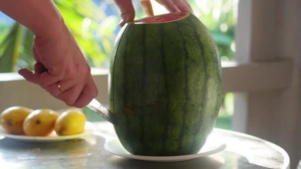 Mens handen snijd de sappige rode watermeloen in stukjes close-up — Stockvideo