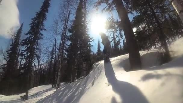 Glad kille på en snowboard som glider ner lutningen på solig dag — Stockvideo