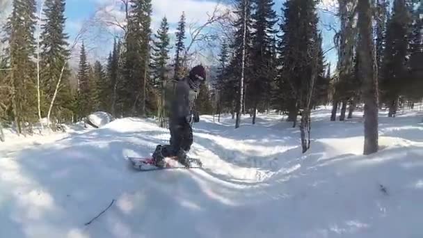 Glad kille på en snowboard som glider ner lutningen på solig dag — Stockvideo