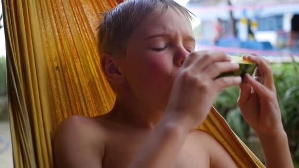 El niño está comiendo sandía jugosa dulce en un día caliente del verano que miente en una hamaca — Vídeos de Stock