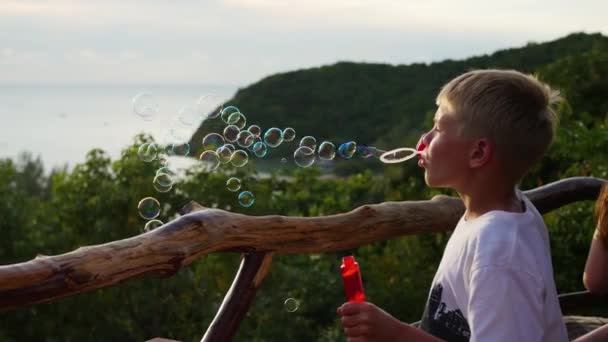 Il ragazzo sta facendo delle bolle di sapone. Primo piano. Vista panoramica — Video Stock