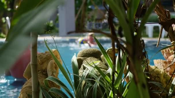 Un mec et un gamin jouant au ballon dans la piscine. sports de plein air — Video