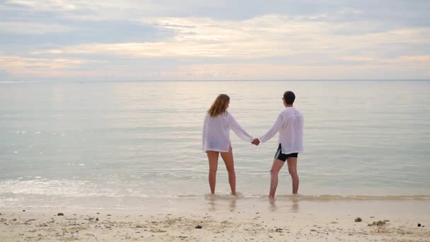 Gelukkige familie hand in hand loopt langs de kust. Om uit te voeren in het water plonsen maken — Stockvideo