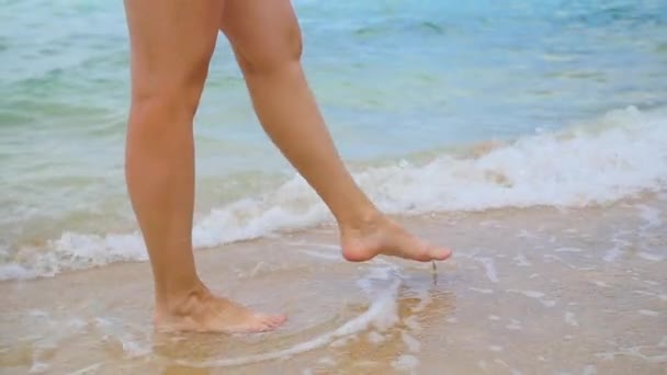 Una joven camina a lo largo de la orilla de la playa. Primer plano de los pies — Vídeos de Stock
