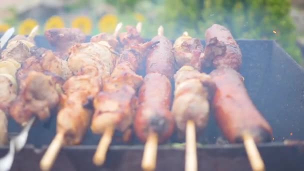 Barbecue Deliziosa carne cotta alla griglia. Una festa al barbecue. Pezzi di carne di maiale arrosto a fuoco aperto — Video Stock