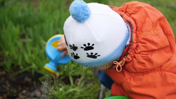 Un niño con una pequeña regadera puede regar la hierba en el patio — Vídeo de stock