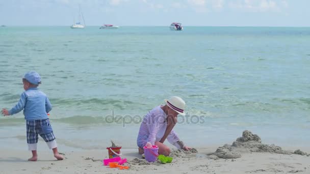 Crianças felizes e cachorro brincando na praia de areia com brinquedos. Ilha tropical, em um dia quente — Vídeo de Stock